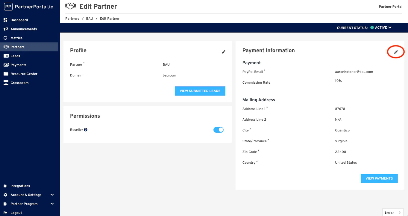 The payment-information edit view where an admin enters a partner PayPal email.