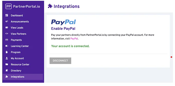 The Integrations page with the Enable PayPal button in the Payments section.