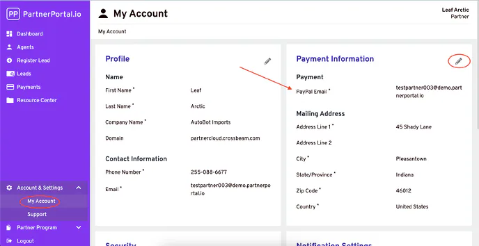 The partner My Account screen with the PayPal email field visible.