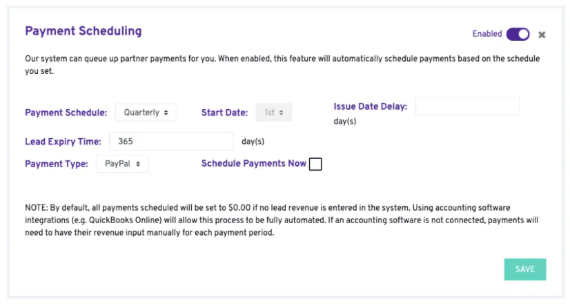 The payment scheduling screen used for automatic payout timing.
