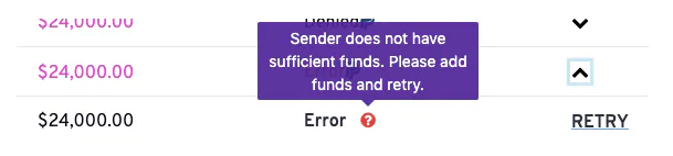 The Payments screen showing the Retry button for a failed transfer.