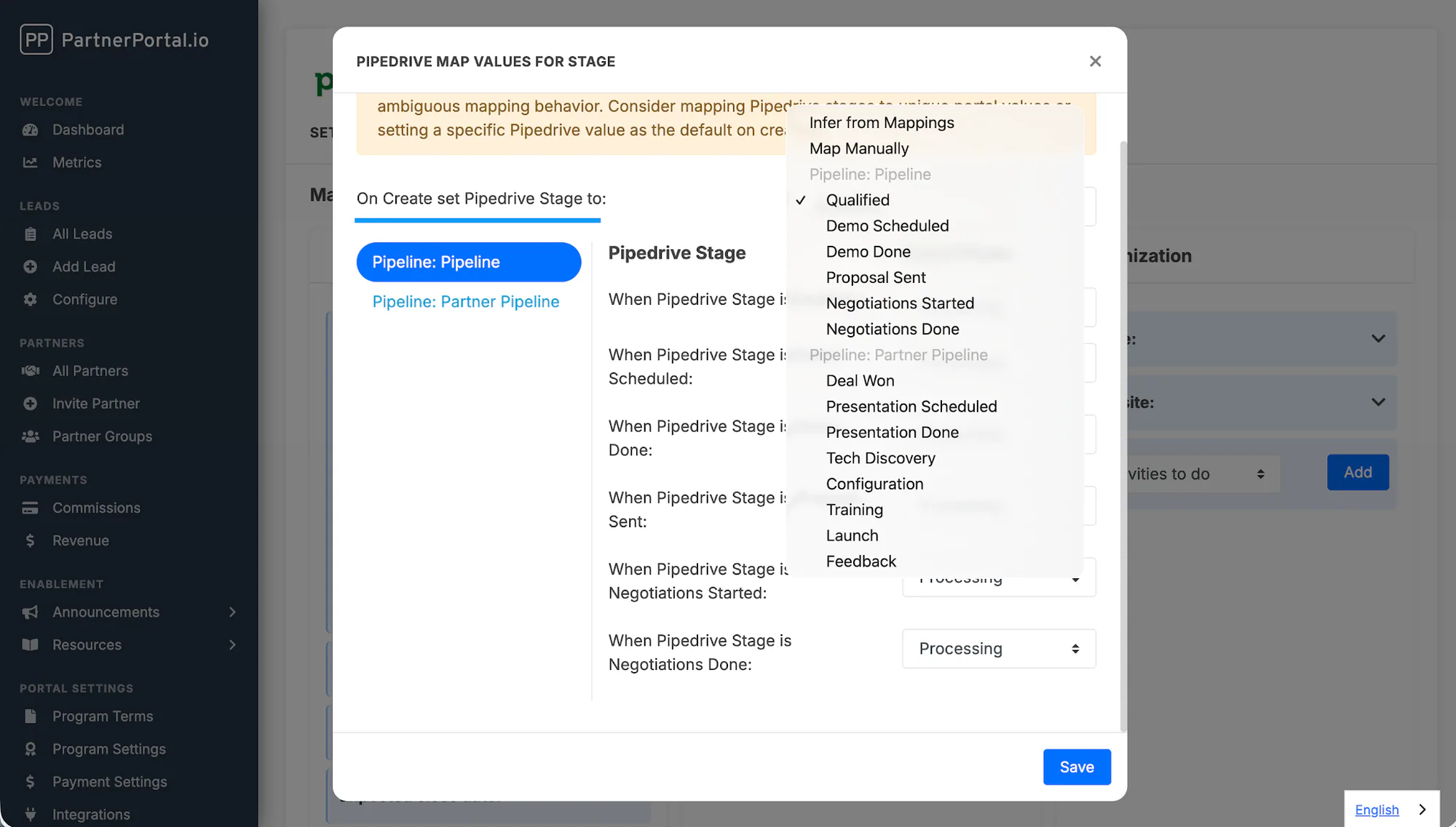The Pipedrive On Create stage options for static, inferred, or manual mapping.