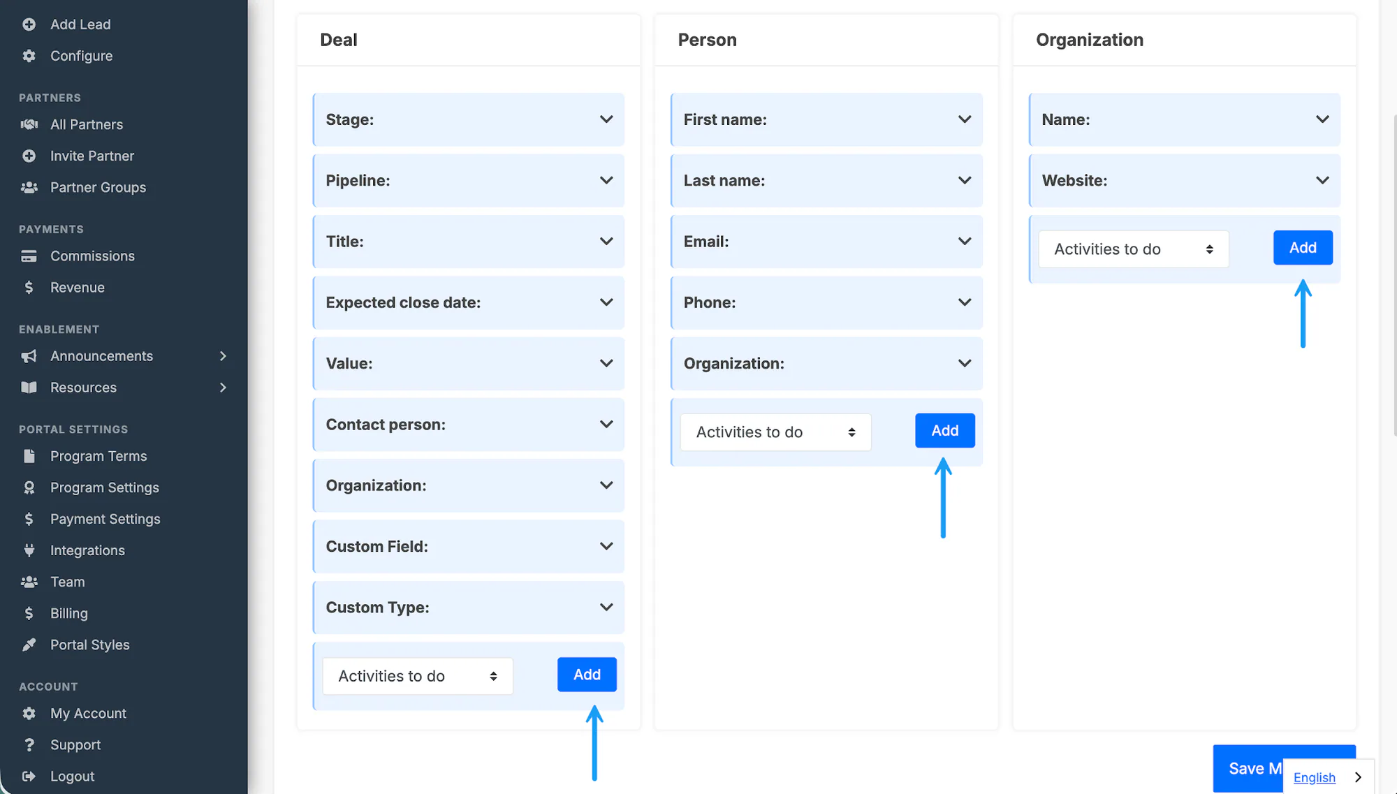 A Pipedrive Deal object field added for mapping partner data into a destination field.