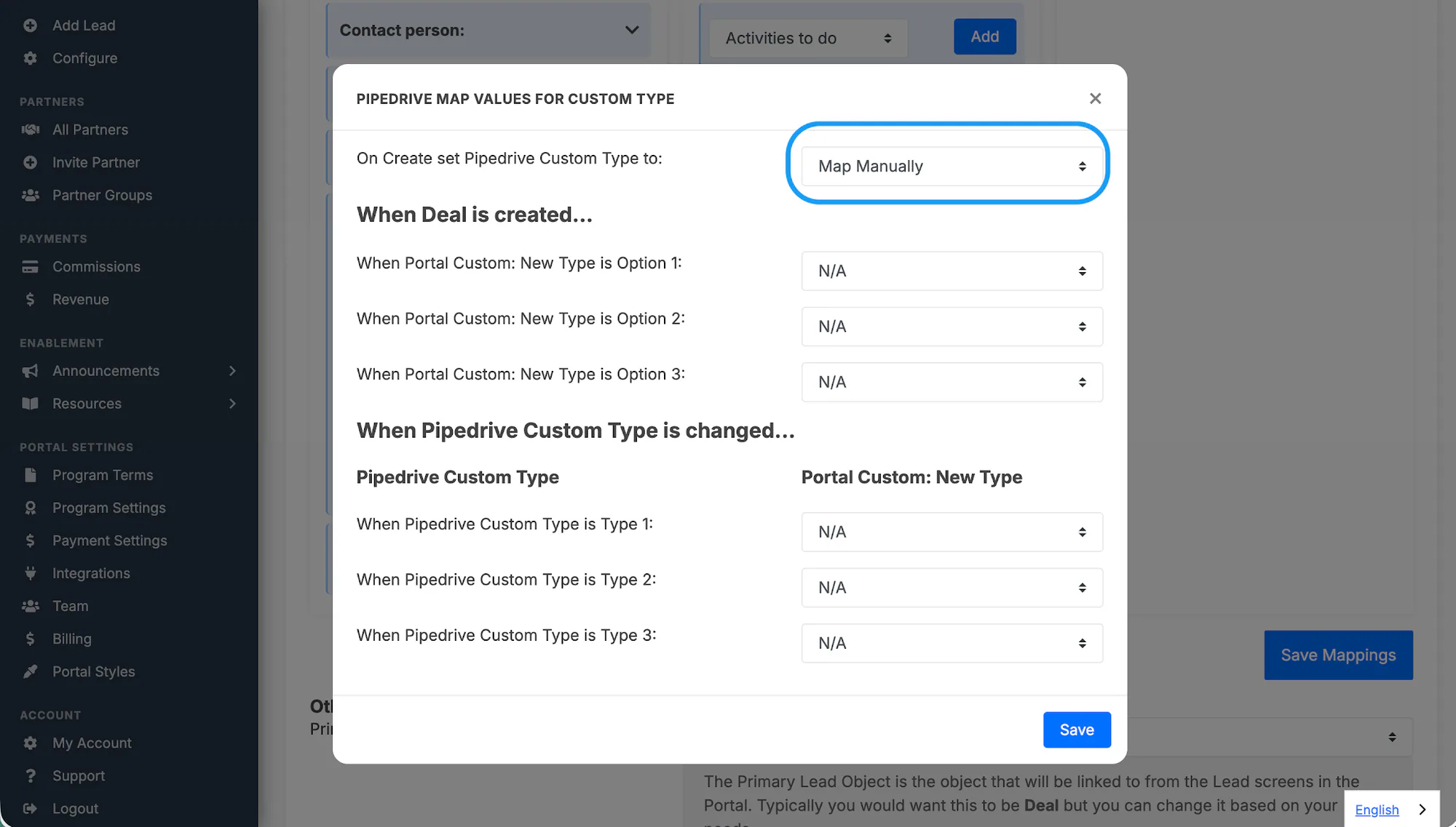 The manual dropdown-value mapping mode for a Pipedrive picklist field.