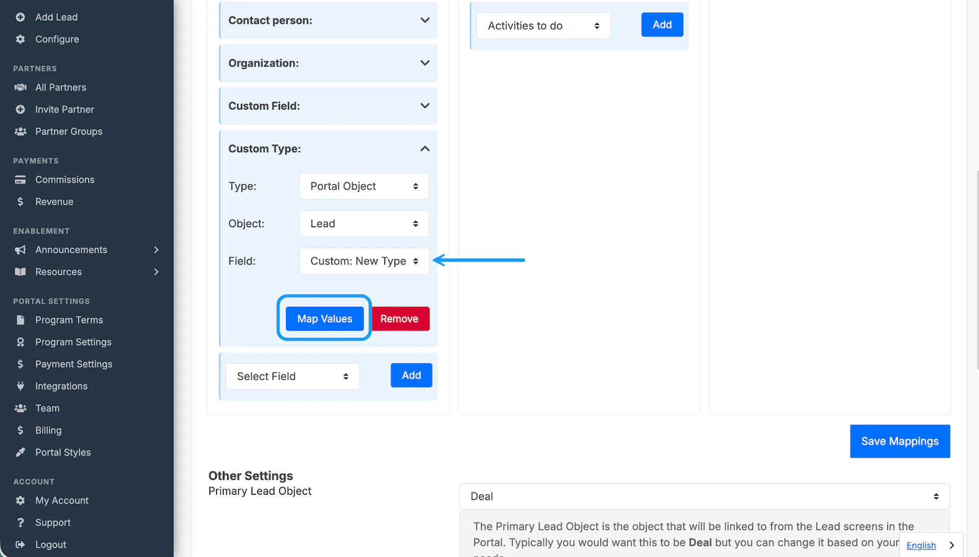 The Pipedrive Map Values window for a dropdown field.