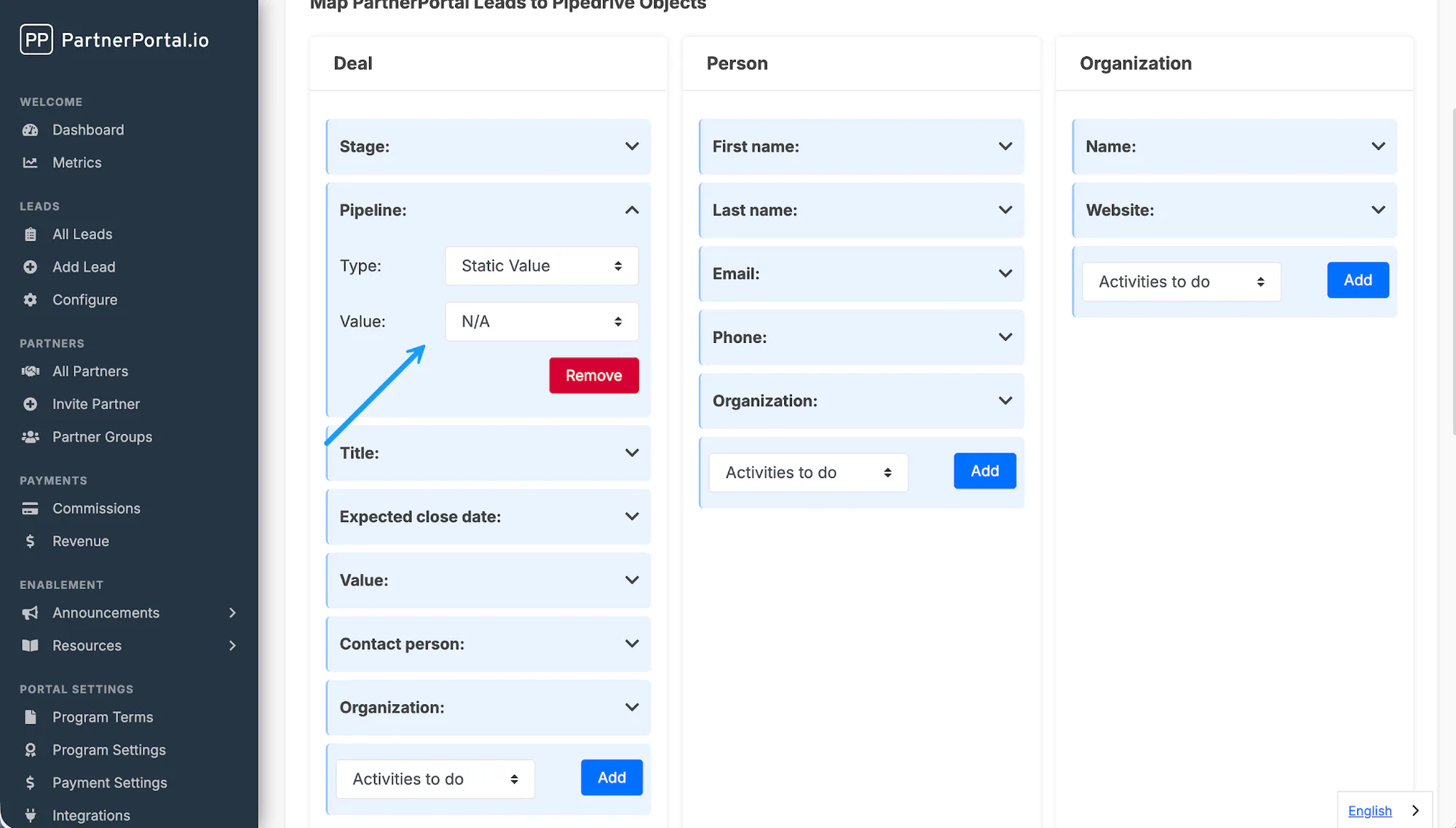 The Pipedrive Pipeline card with a pipeline selected from the Value dropdown.