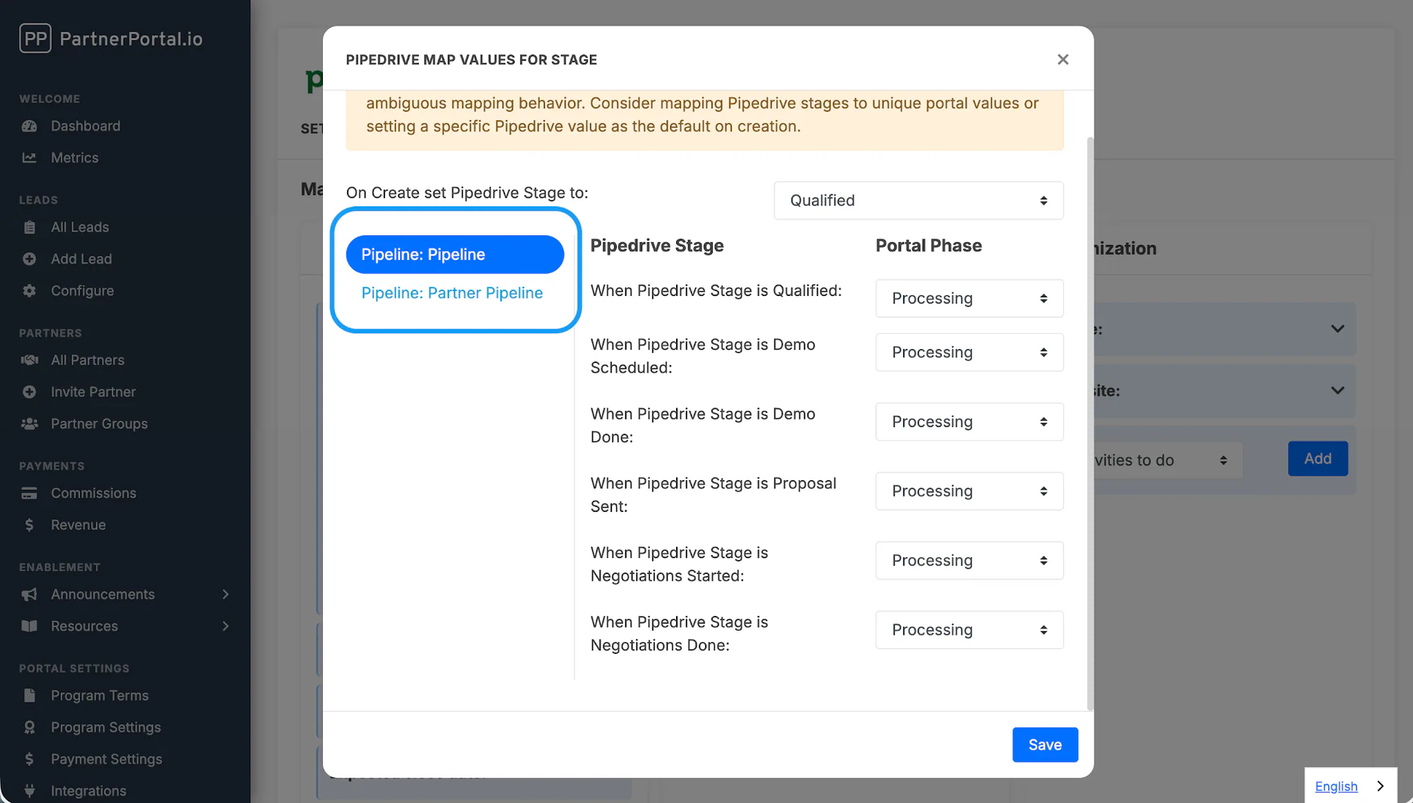 The Pipedrive stage-mapping window with the pipeline selector on the left side.