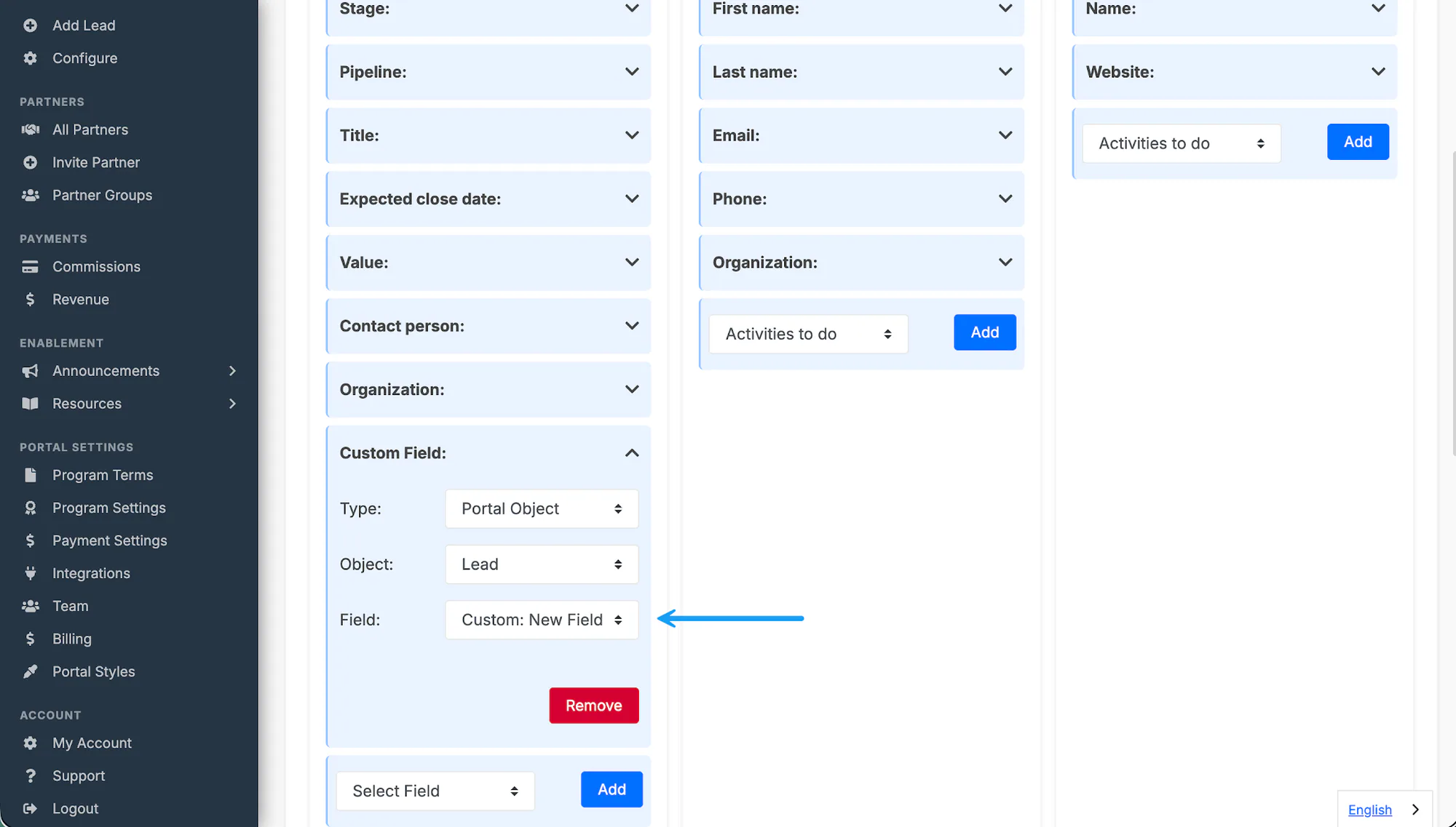 A Pipedrive text-field mapping with Type, Object, and Field set from a portal lead field.
