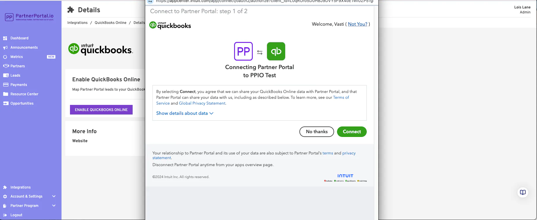 The QuickBooks sign-in and connection screen.
