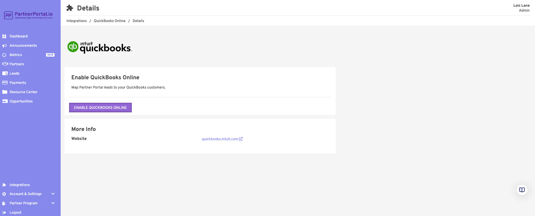 The Integrations page with the Enable QuickBooks button.