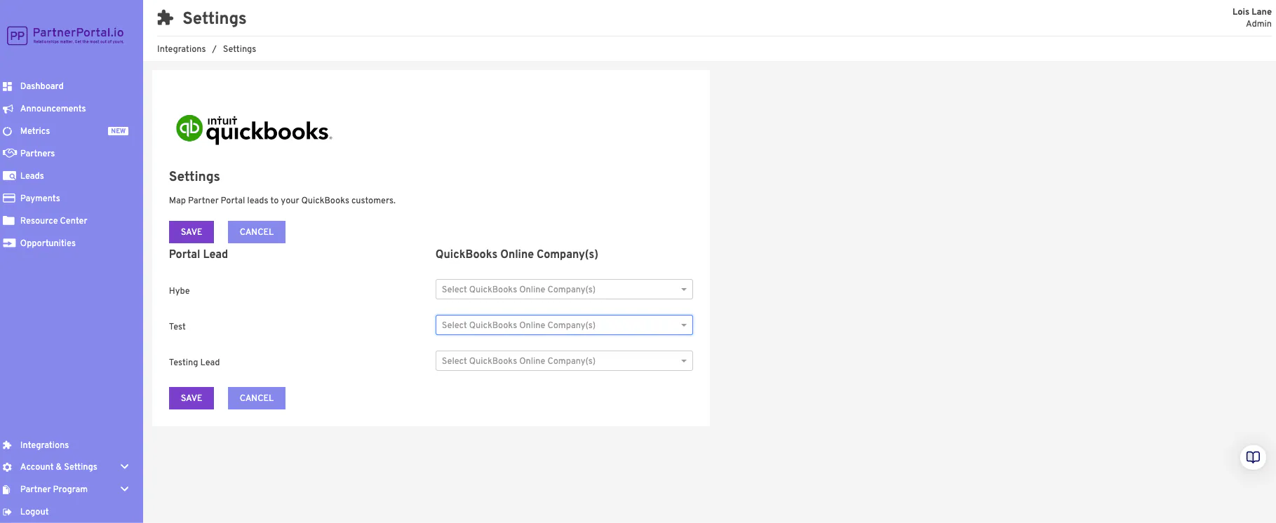 The lead-to-customer mapping screen for QuickBooks.