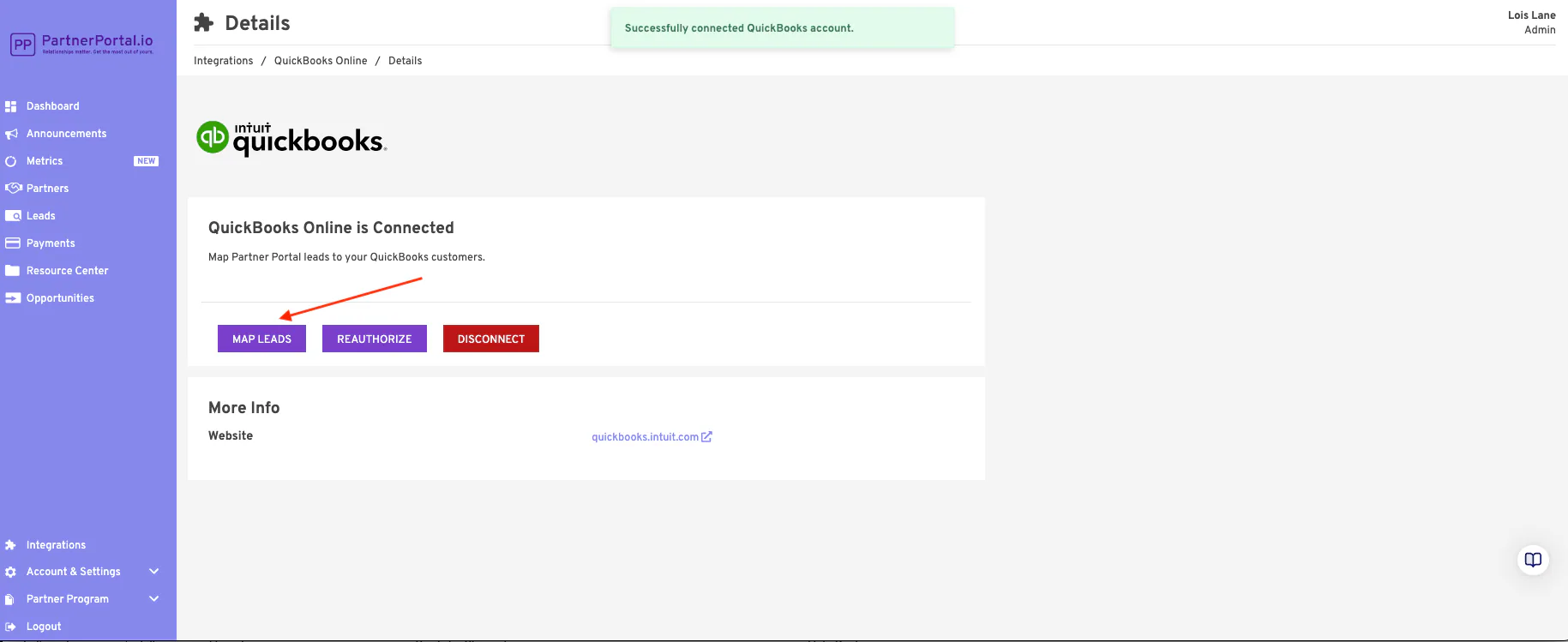 The QuickBooks integration screen with the Map Leads button.