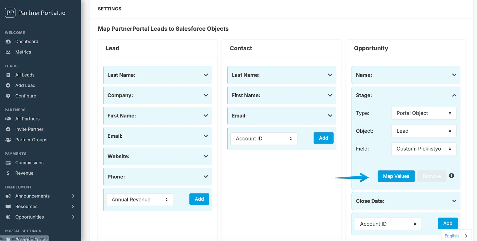 A Salesforce field mapping card showing Type, Object, and Field controls.