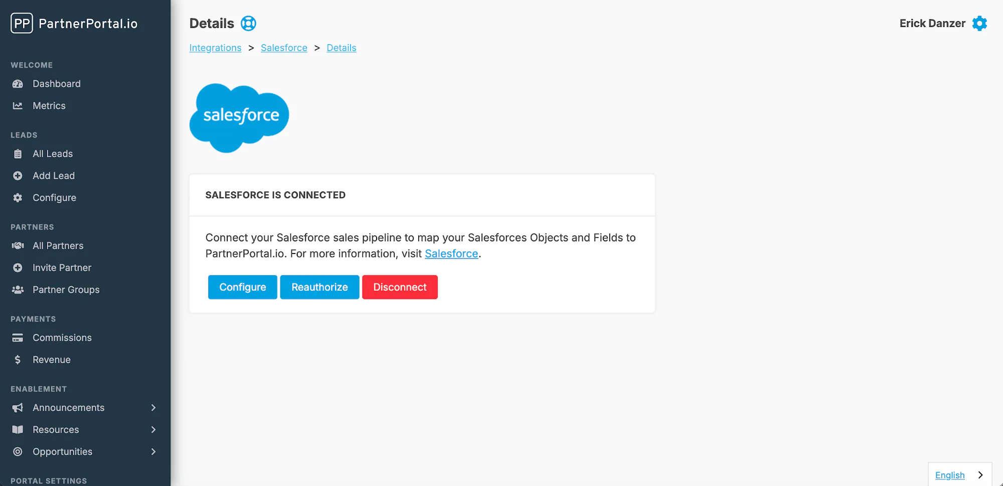 The Salesforce integration connection screen with links to reauthorize the connection or open the configuration page.