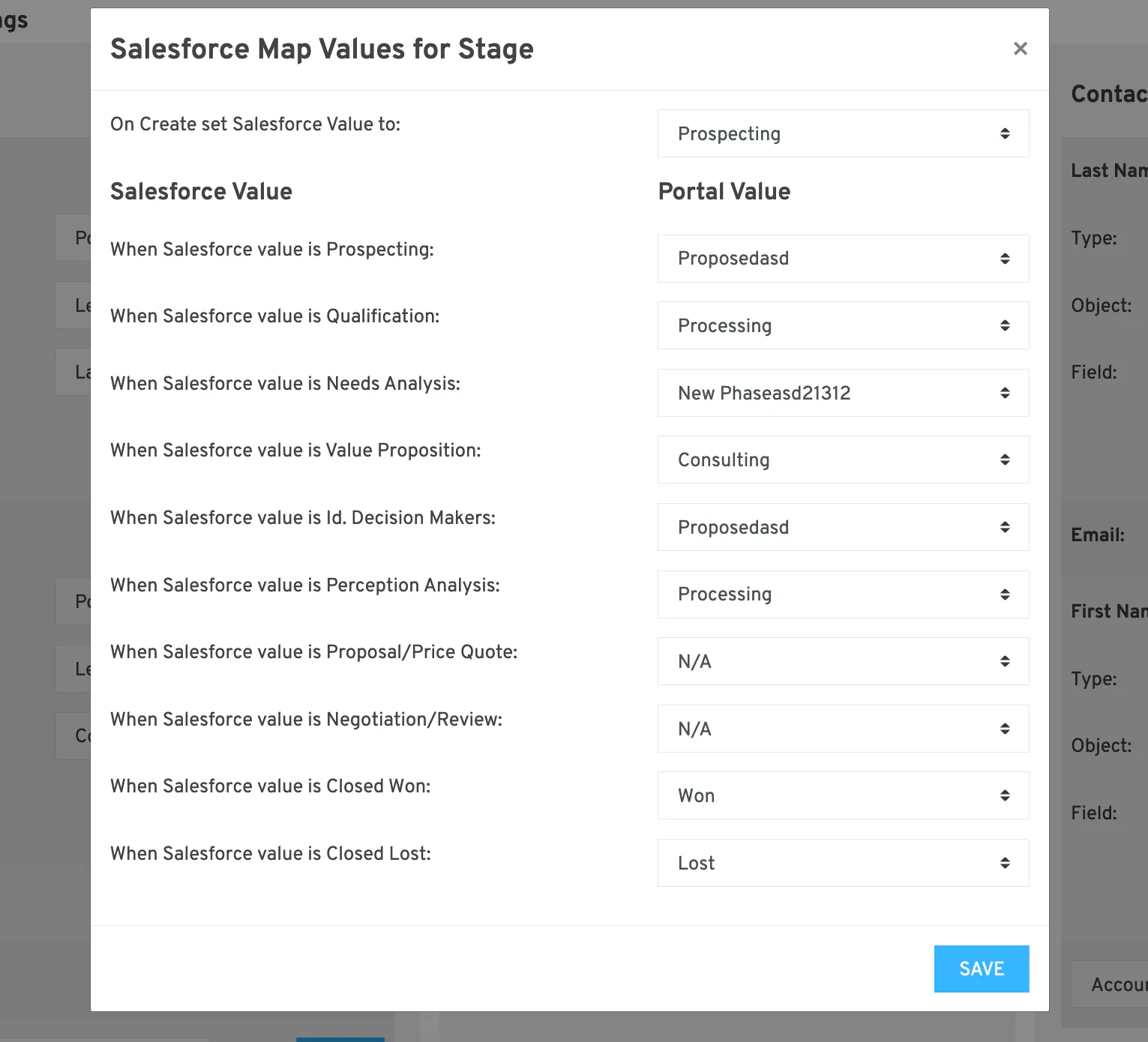 A completed Salesforce phase-to-stage mapping.
