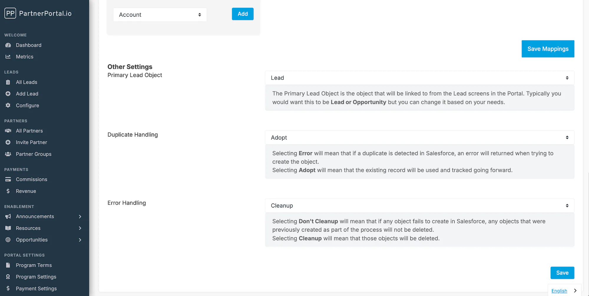 The Salesforce stage mapping window with opportunity stages mapped to portal phases.