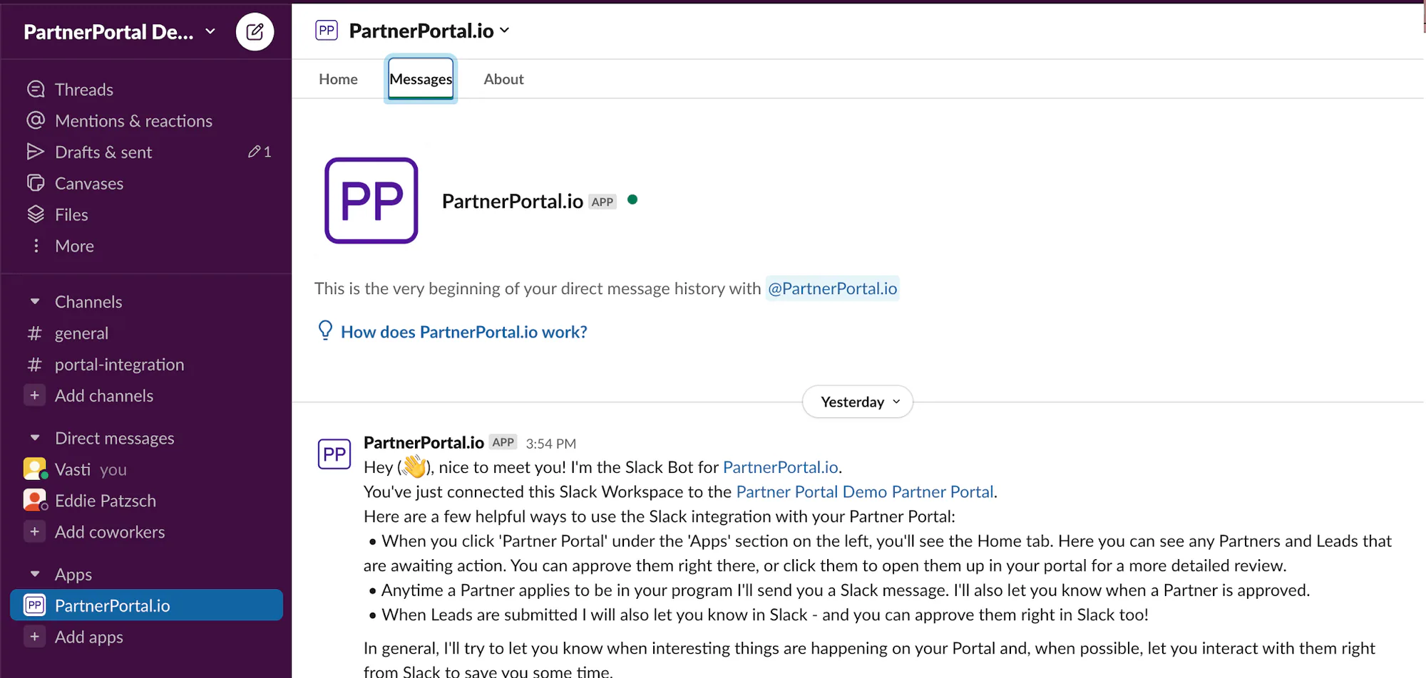 Slack showing the PartnerPortal app after installation.