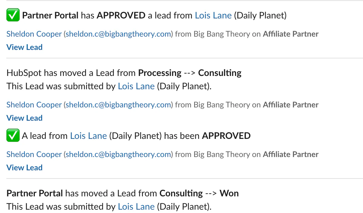 A Slack notification showing a lead approval or phase change.