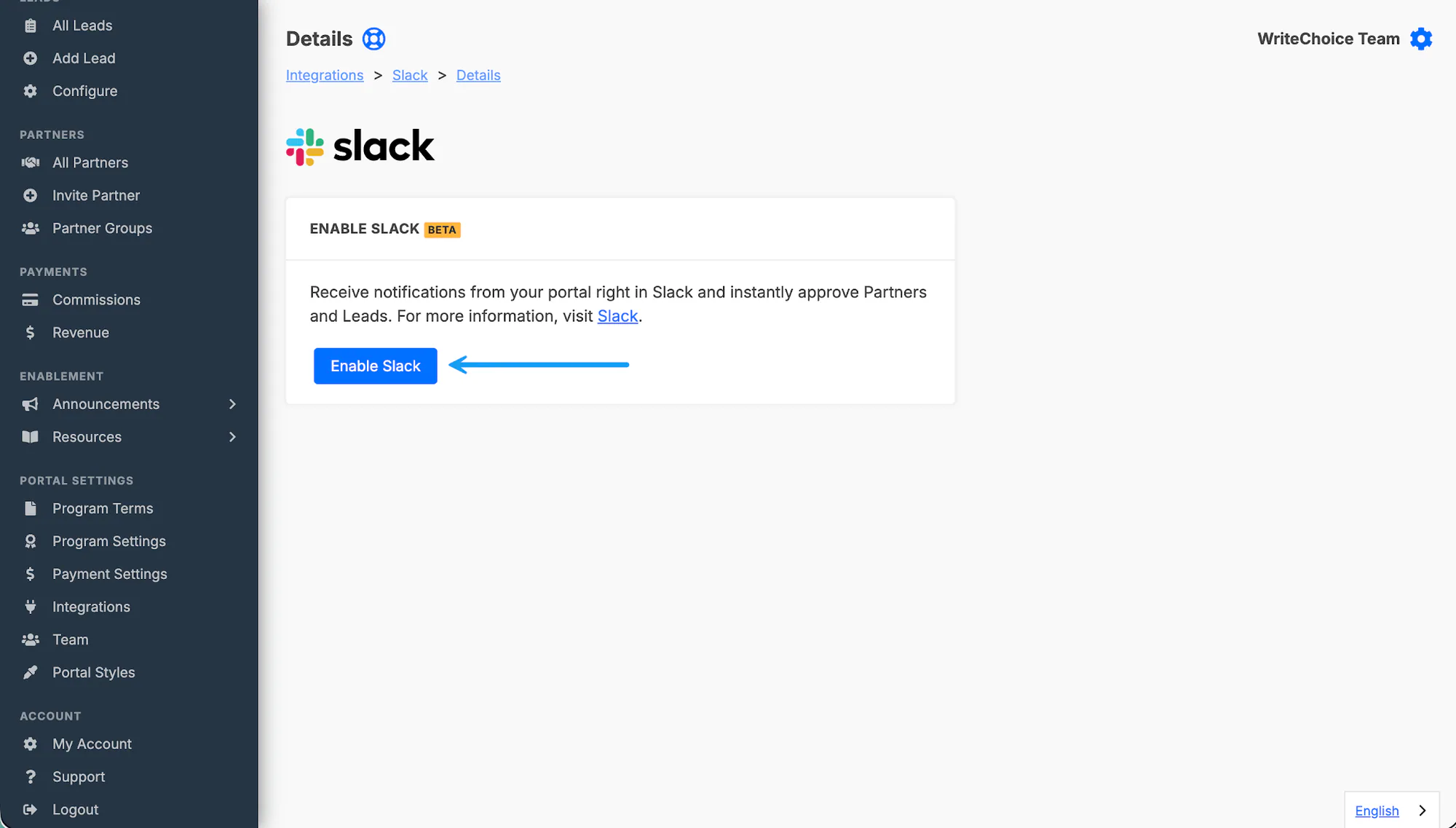 The Slack confirmation screen with the Enable Slack button.