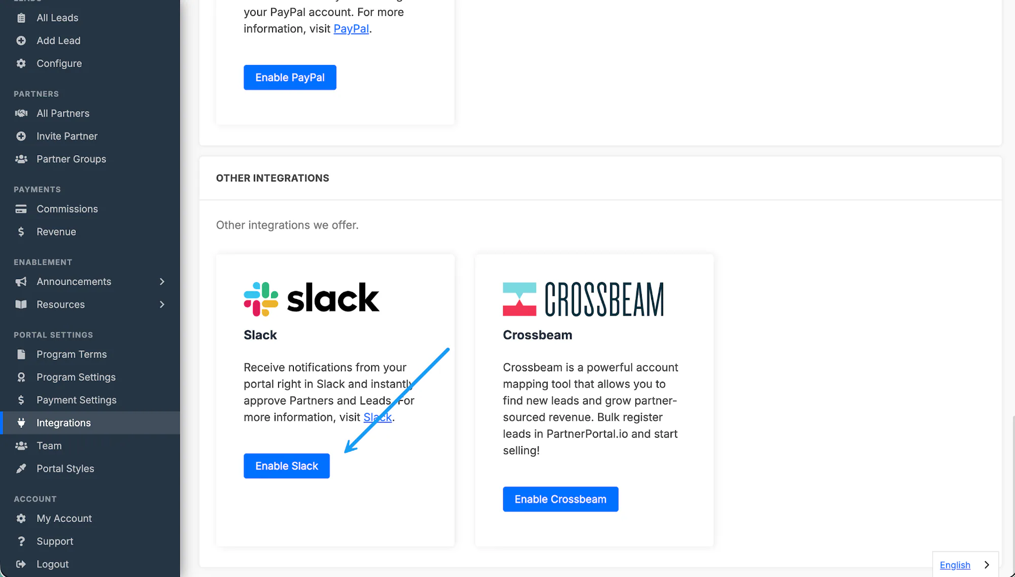 The Integrations page with the Enable Slack button.