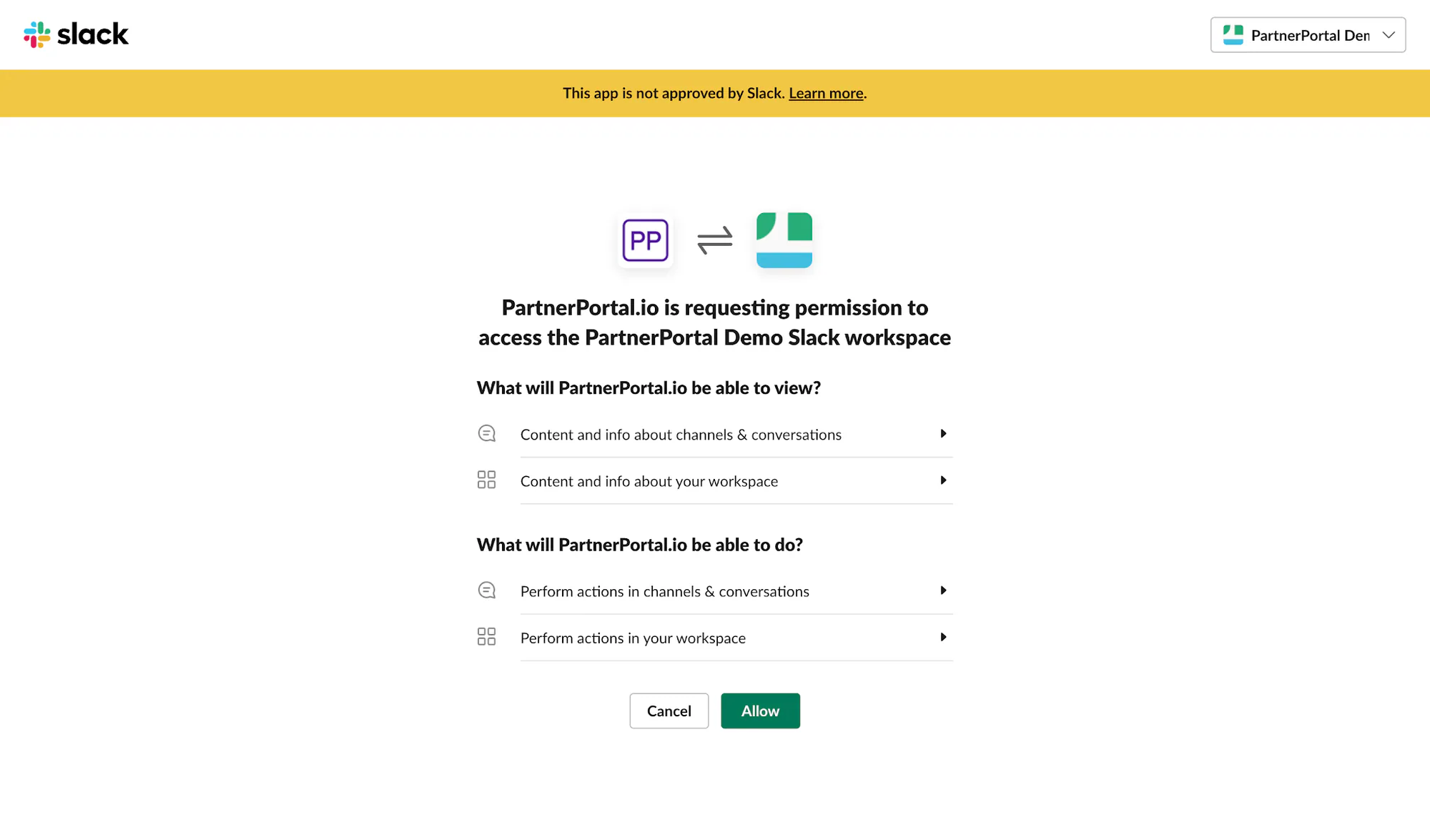 The Slack permissions screen with the Allow button.