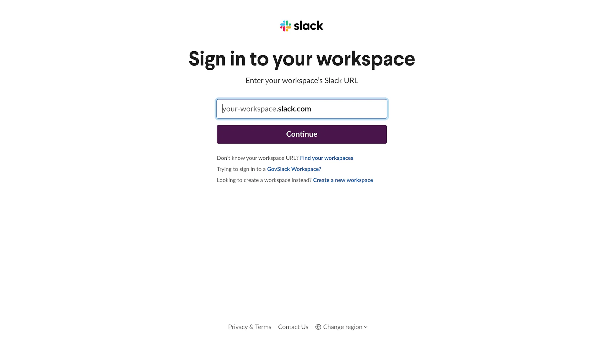 The Slack sign-in screen used to connect a workspace.