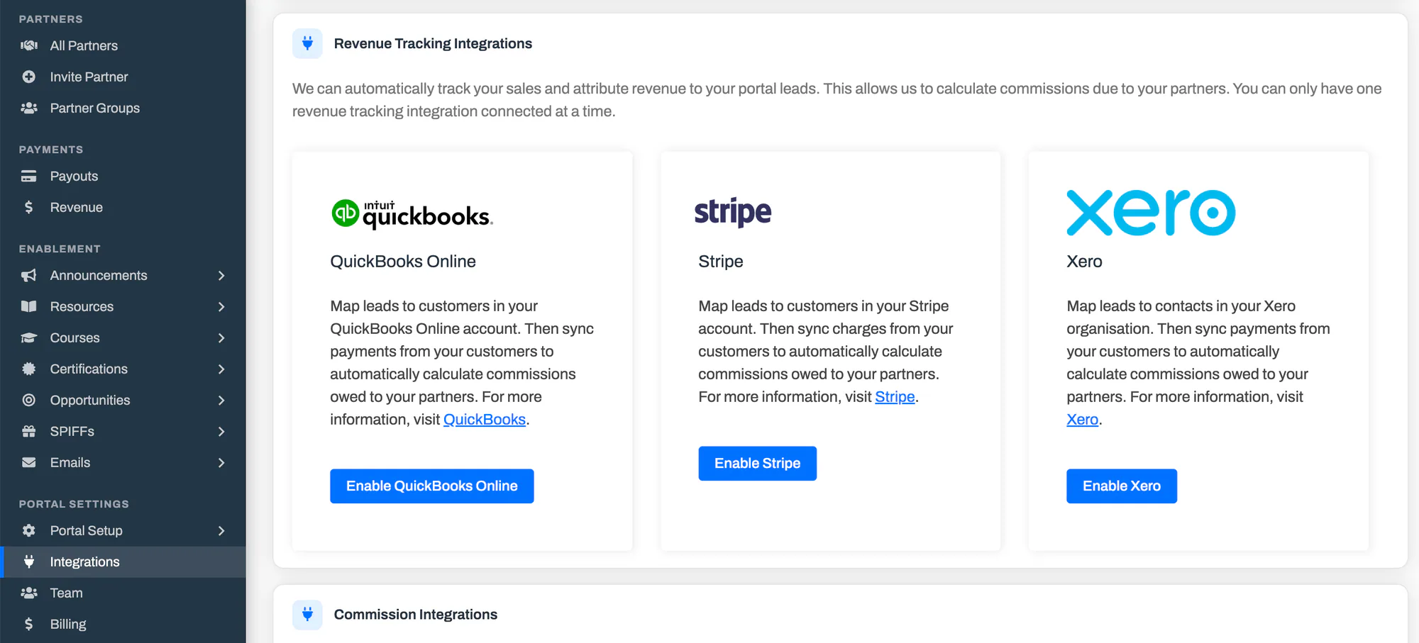 The PartnerPortal Integrations page showing the Revenue Tracking Integrations section with the Enable Xero button.