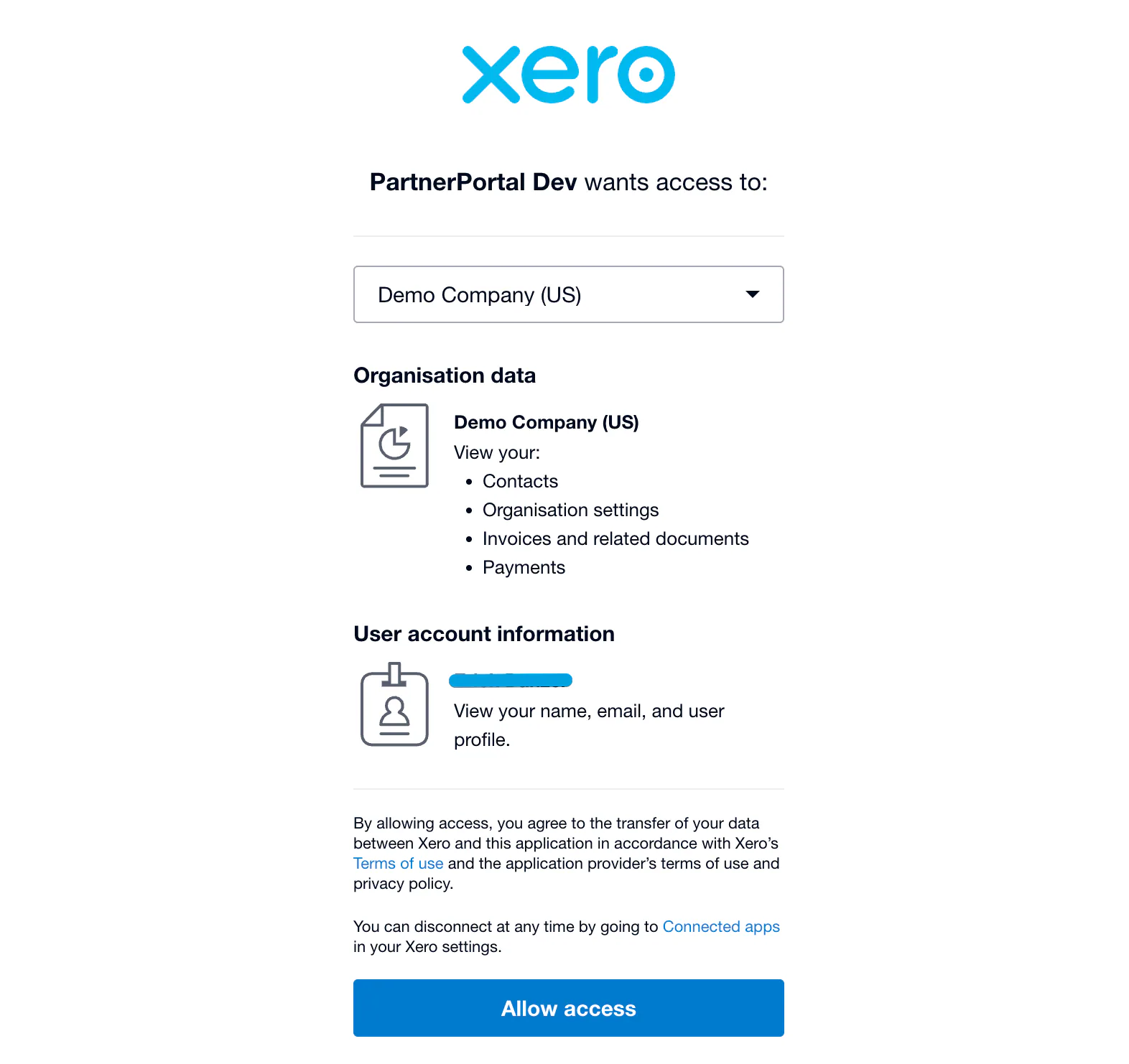 The Xero authorization screen granting PartnerPortal read access to an organisation's contacts, invoices, and payments.