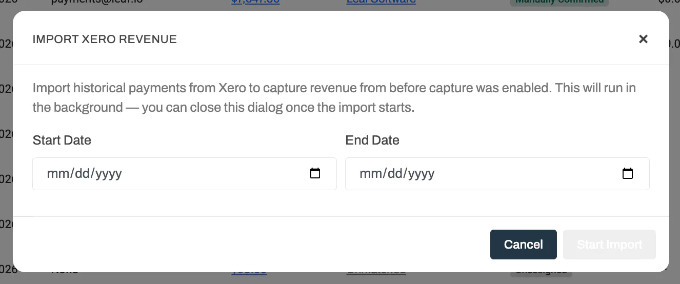 The Import Xero Revenue dialog with start date and end date fields for backfilling historical payments.