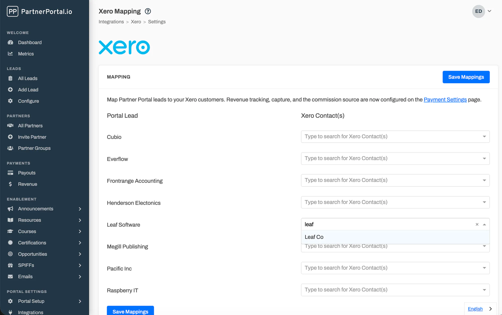 The Xero mapping screen matching each portal lead to a Xero contact using the contact search field.