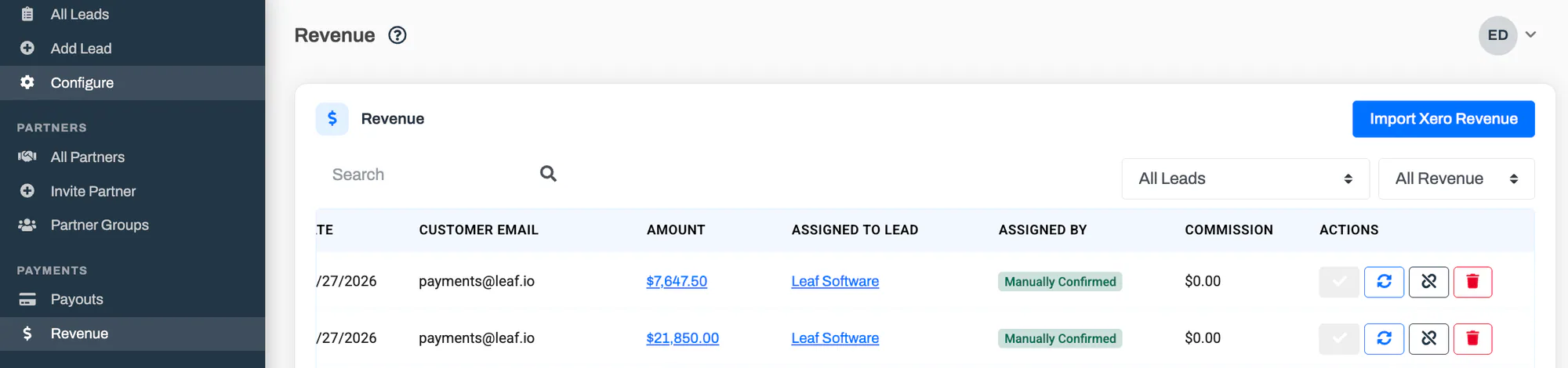The Revenue page listing captured Xero payments, with the Import Xero Revenue button.