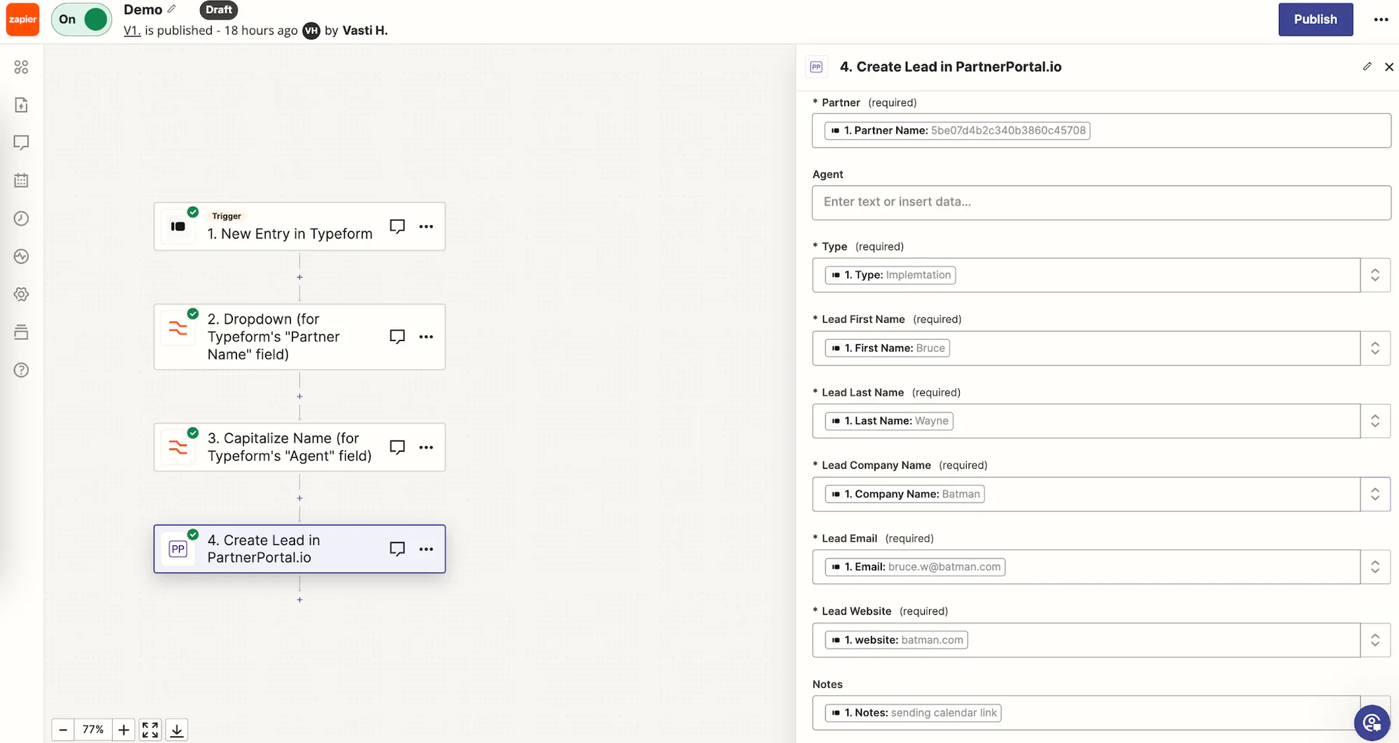 A successful Zapier action test creating a lead in PartnerPortal.
