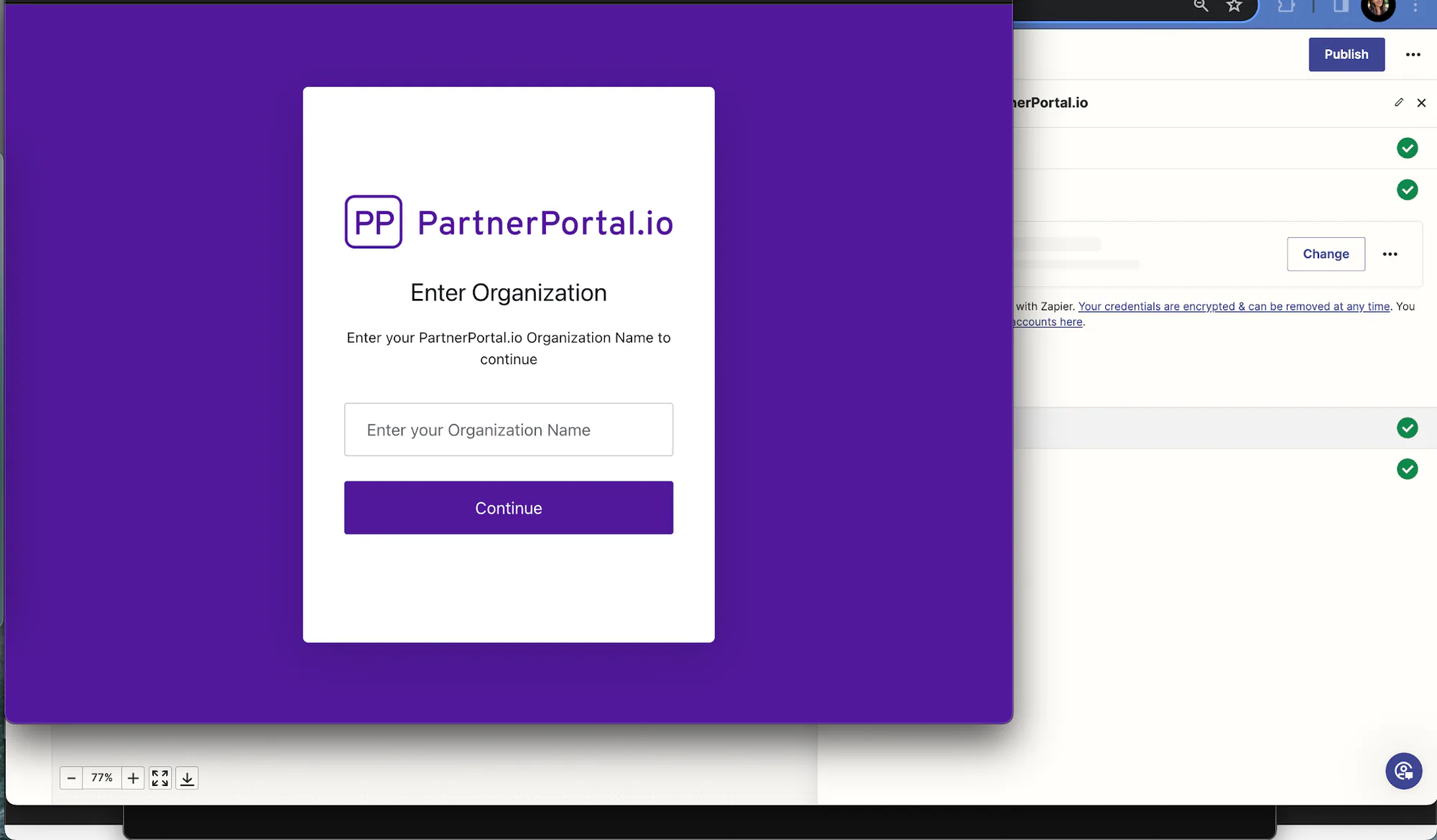 The PartnerPortal authentication screen inside Zapier.