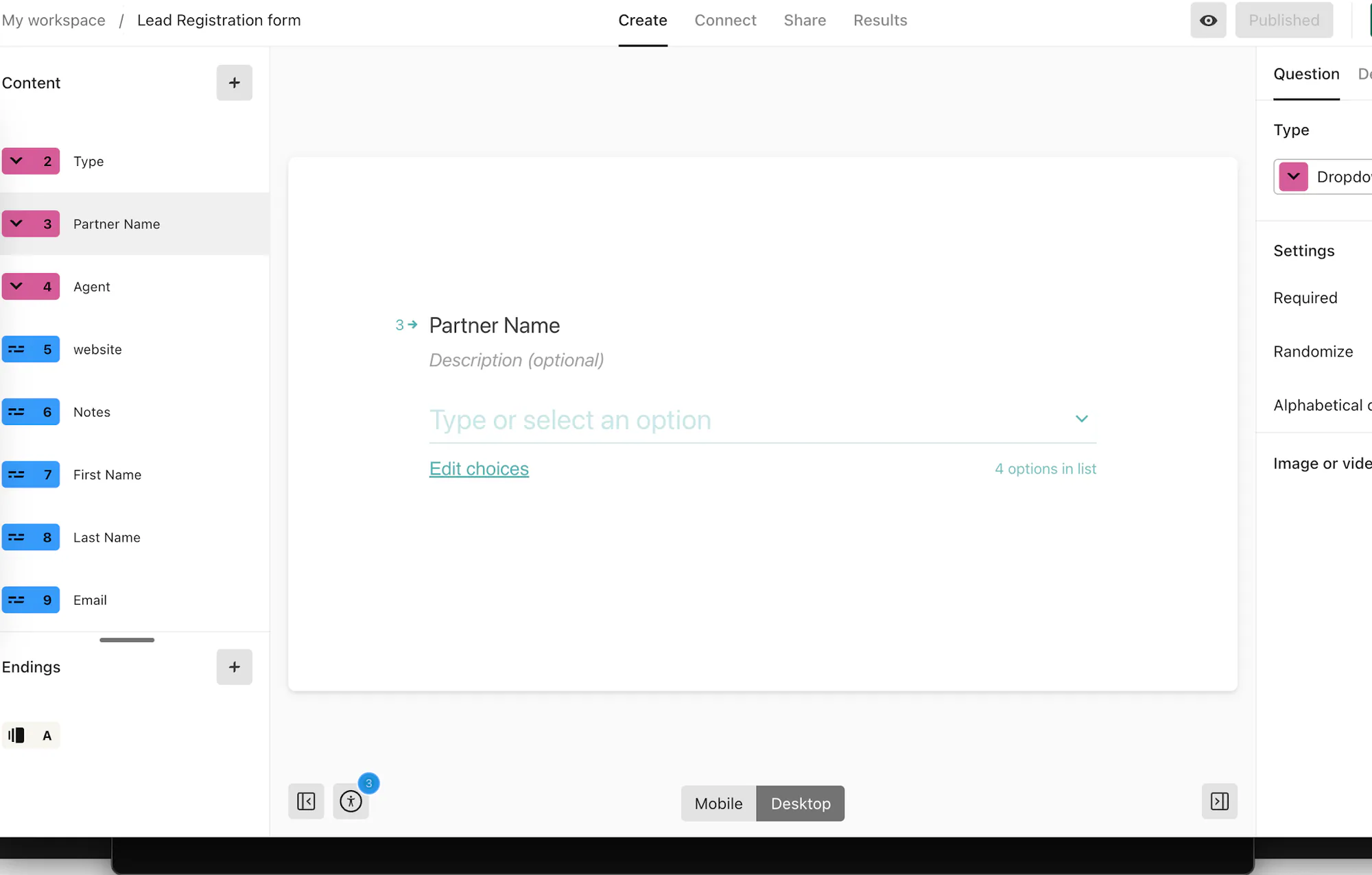 An external form configured with lead-registration fields before being connected to PartnerPortal through Zapier.