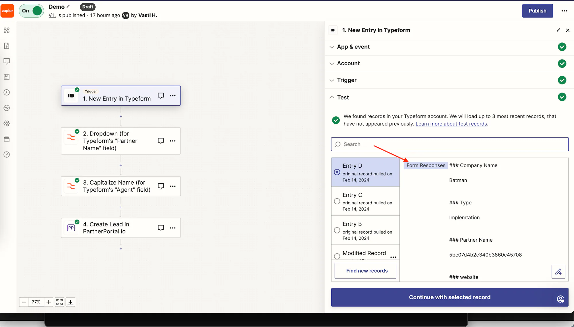 A successful Zapier trigger test using a real form submission.