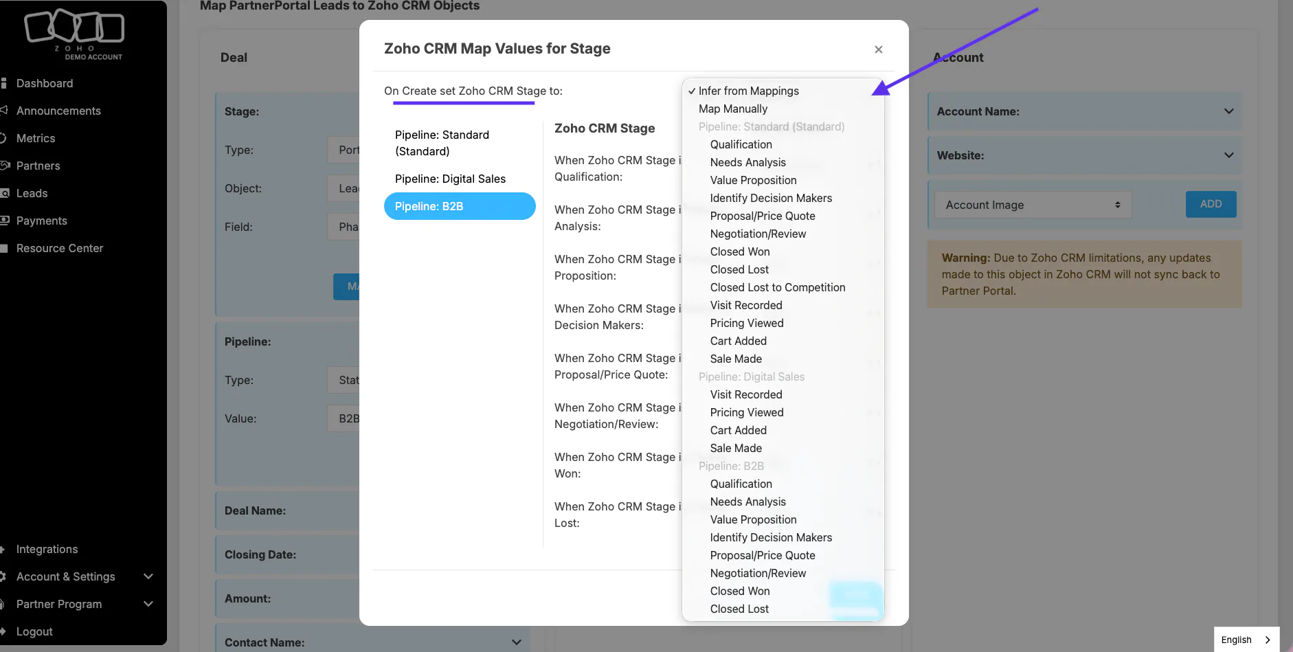 The Zoho On Create stage options for static, inferred, or manual stage mapping.