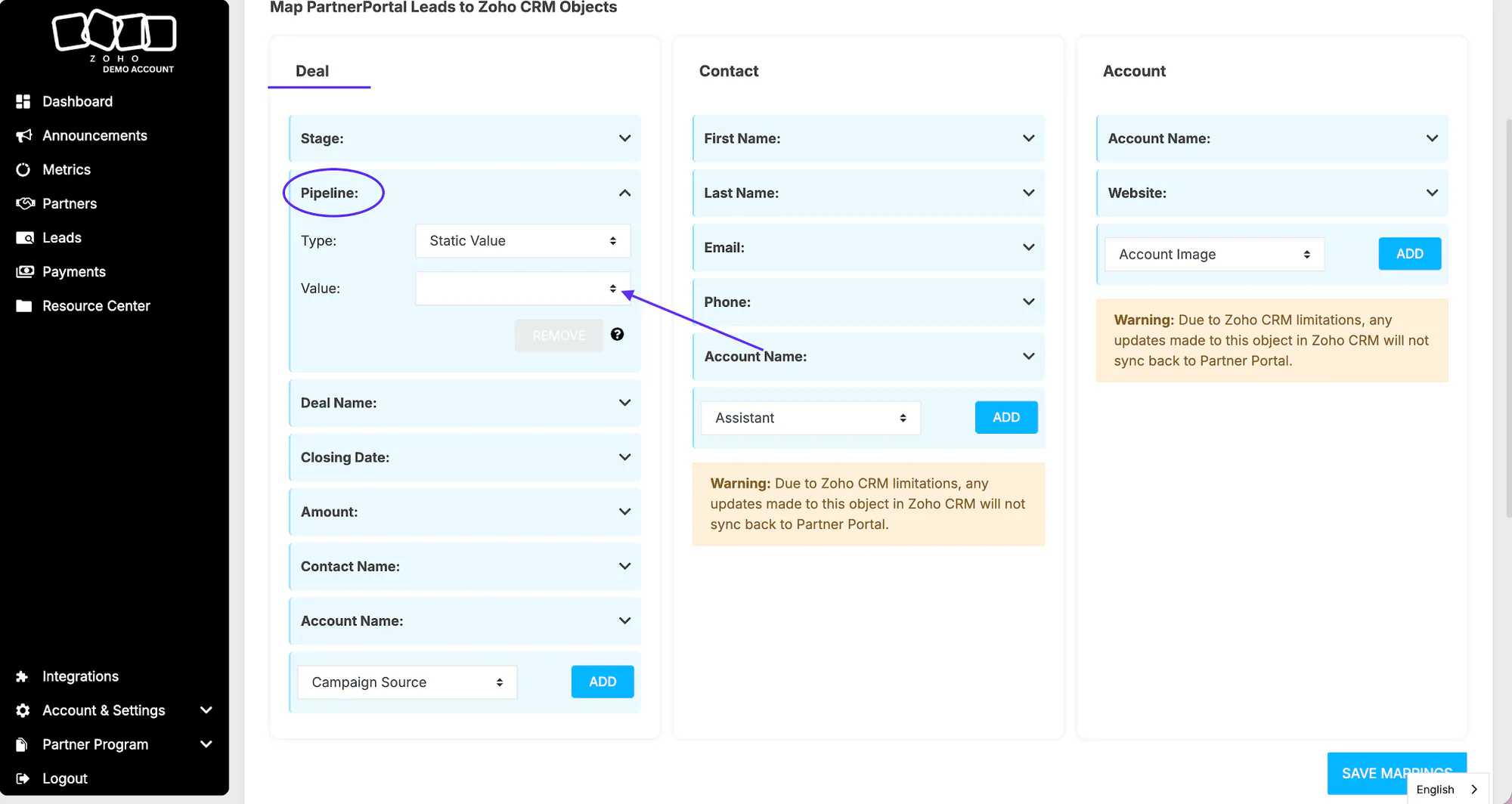 The Zoho Pipeline card with a pipeline selected from the Value dropdown.