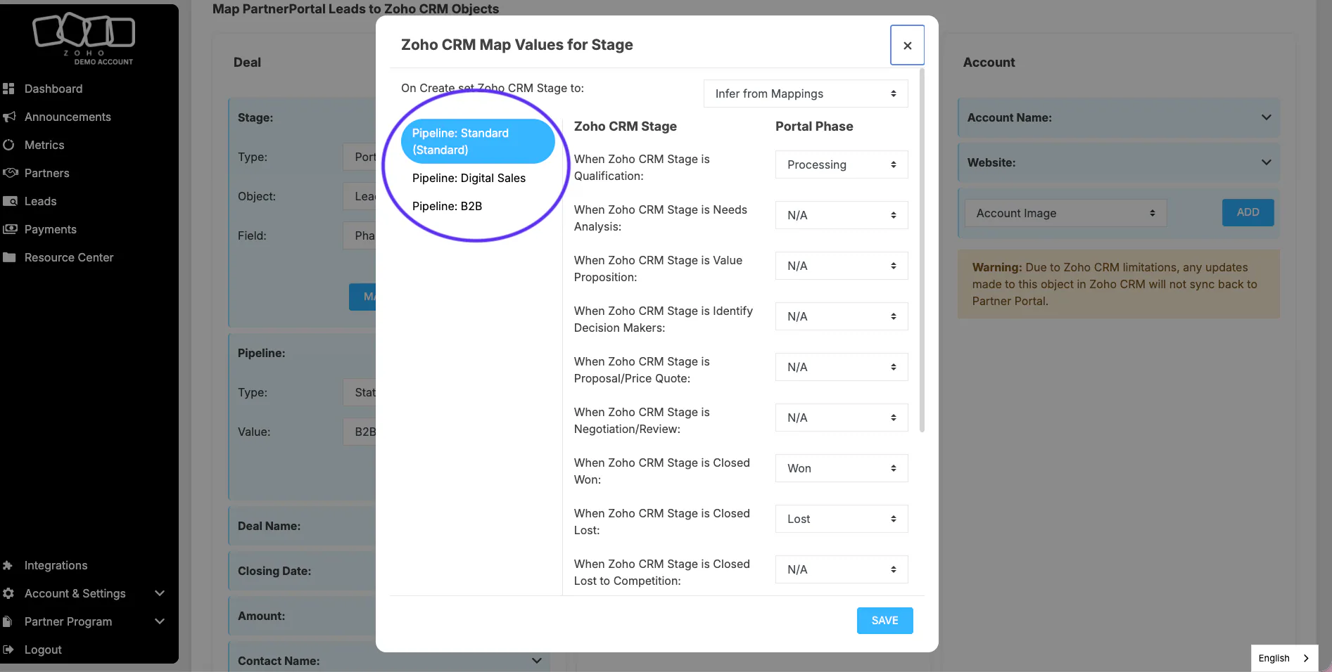 The Zoho stage-mapping window with the pipeline selector on the left.