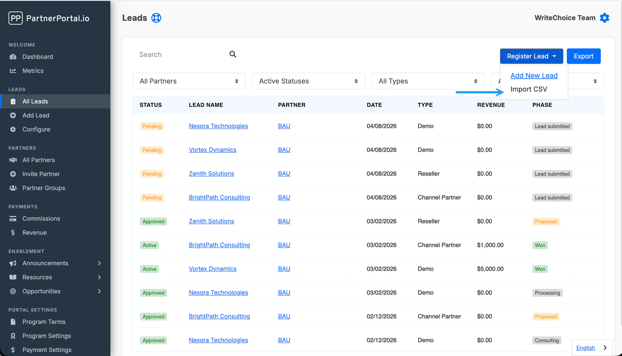 The All Leads tab with the Register Lead button expanded to show the Import CSV option