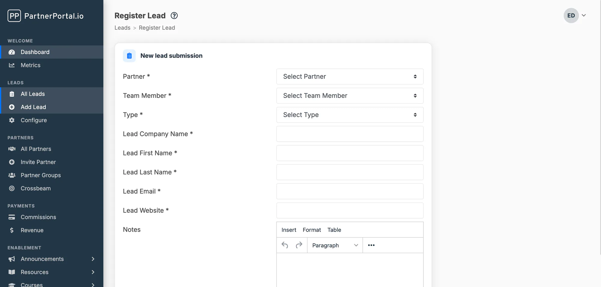The Add Lead form with the Partner and Team Member dropdowns for assigning a lead to a partner