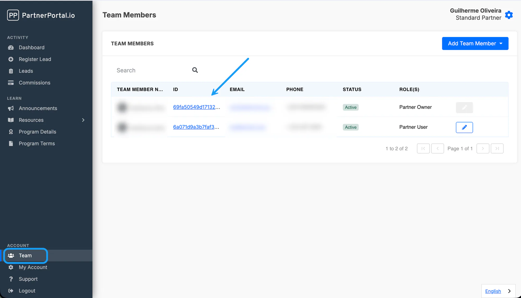 The partner-side Team tab showing user IDs