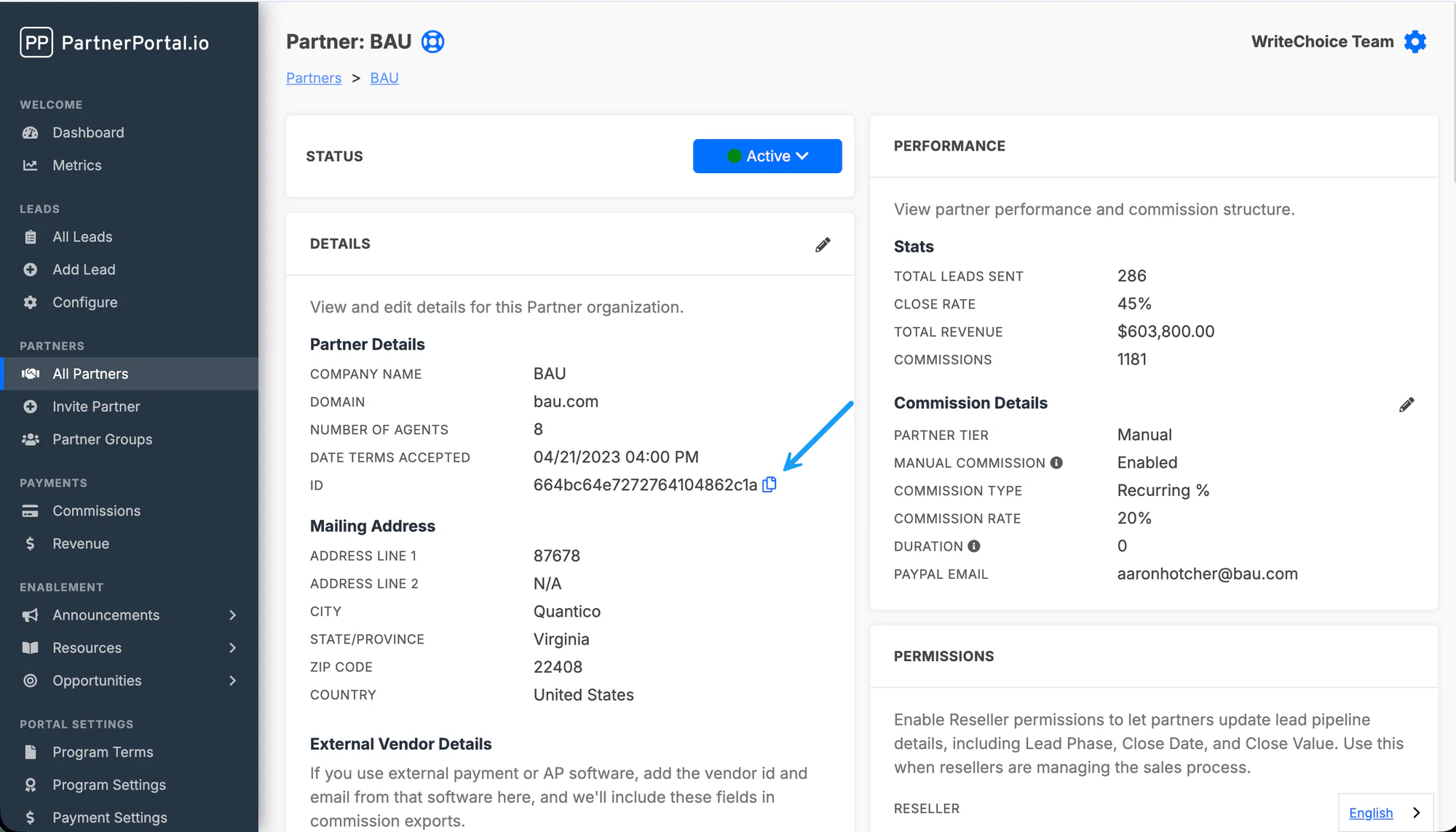 A partner's details page with the unique Partner ID highlighted