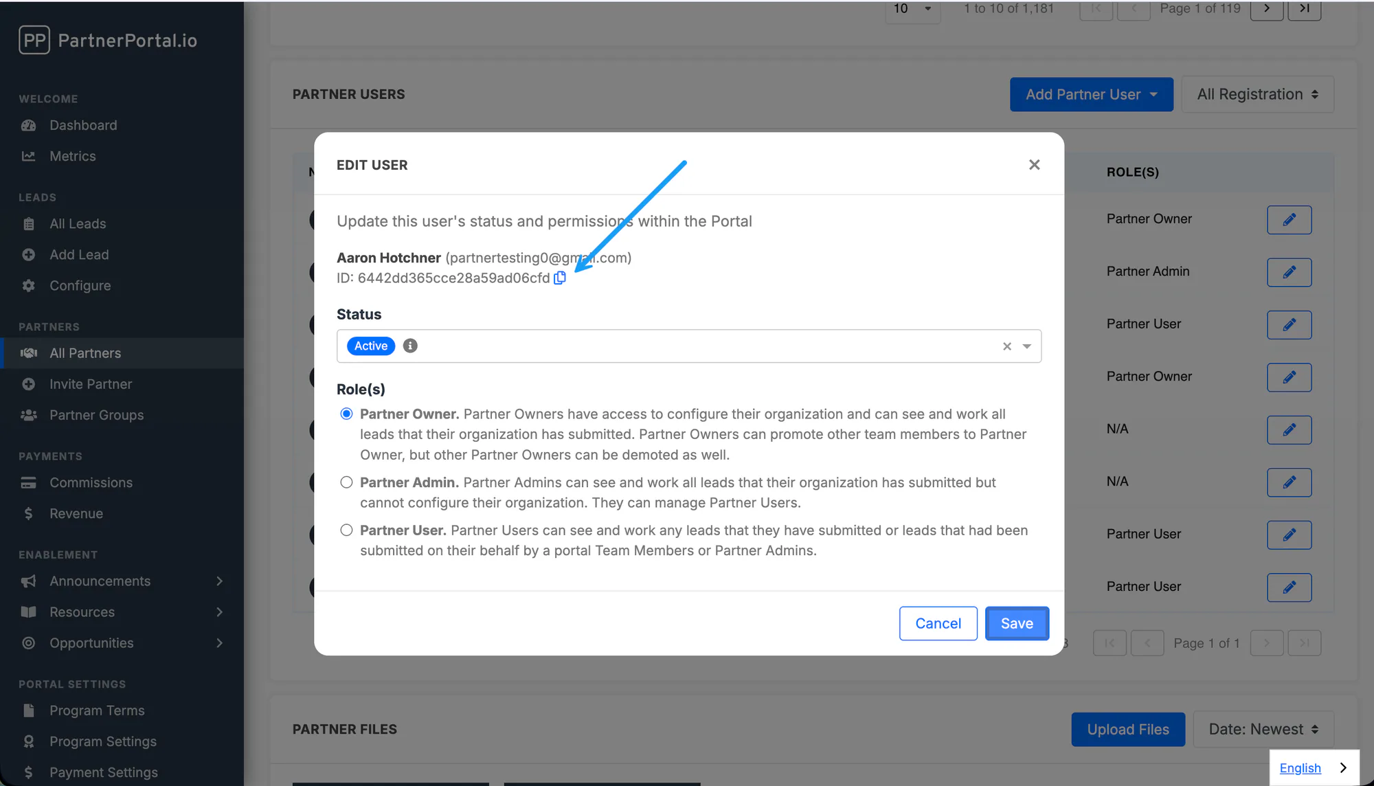 Editing a Partner User to view their ID