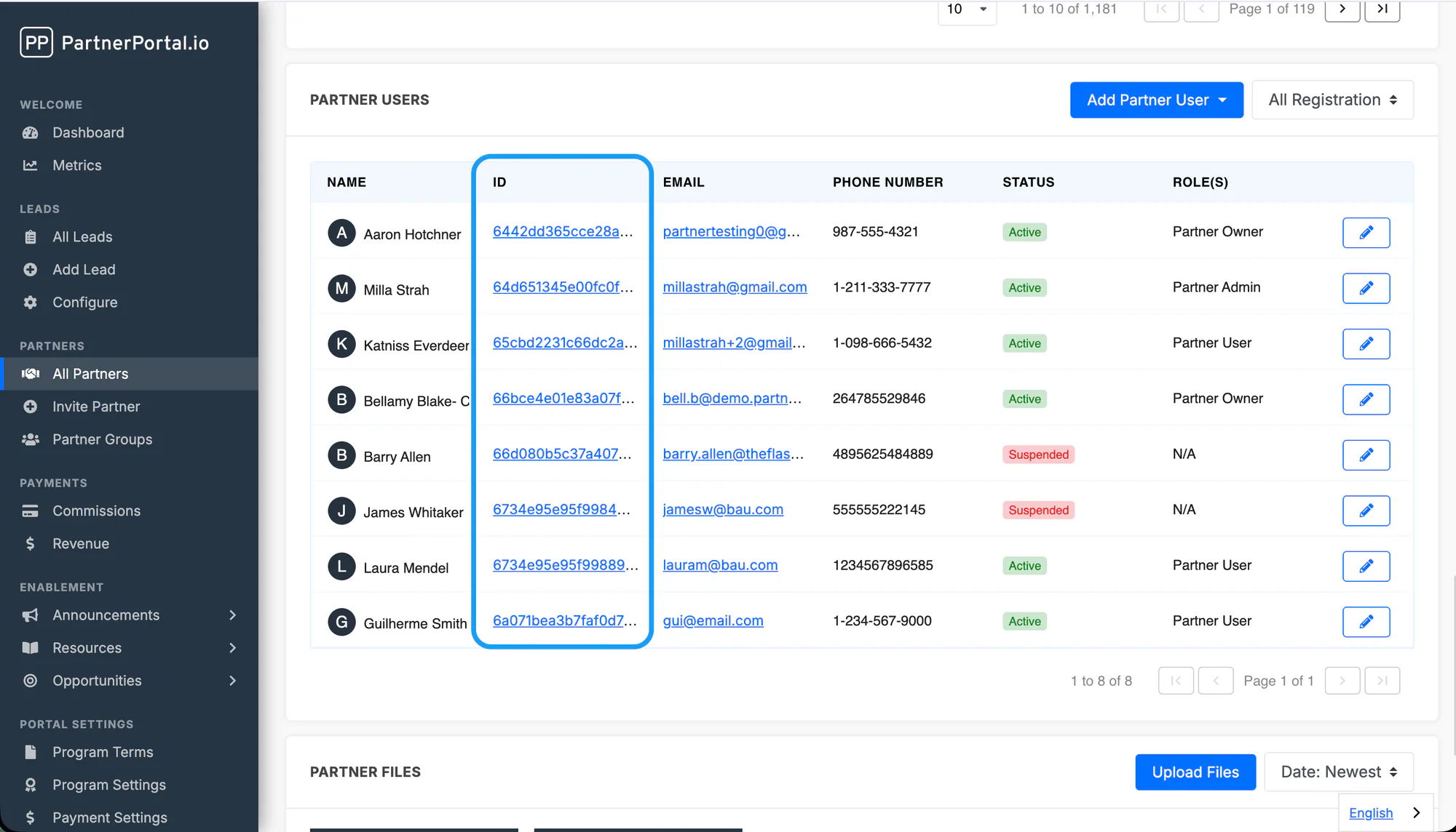 The Partner Users list showing each user's ID
