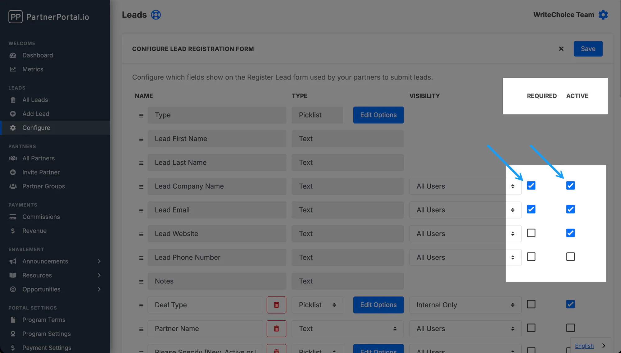 Adding a lead field and setting its Active and Required options