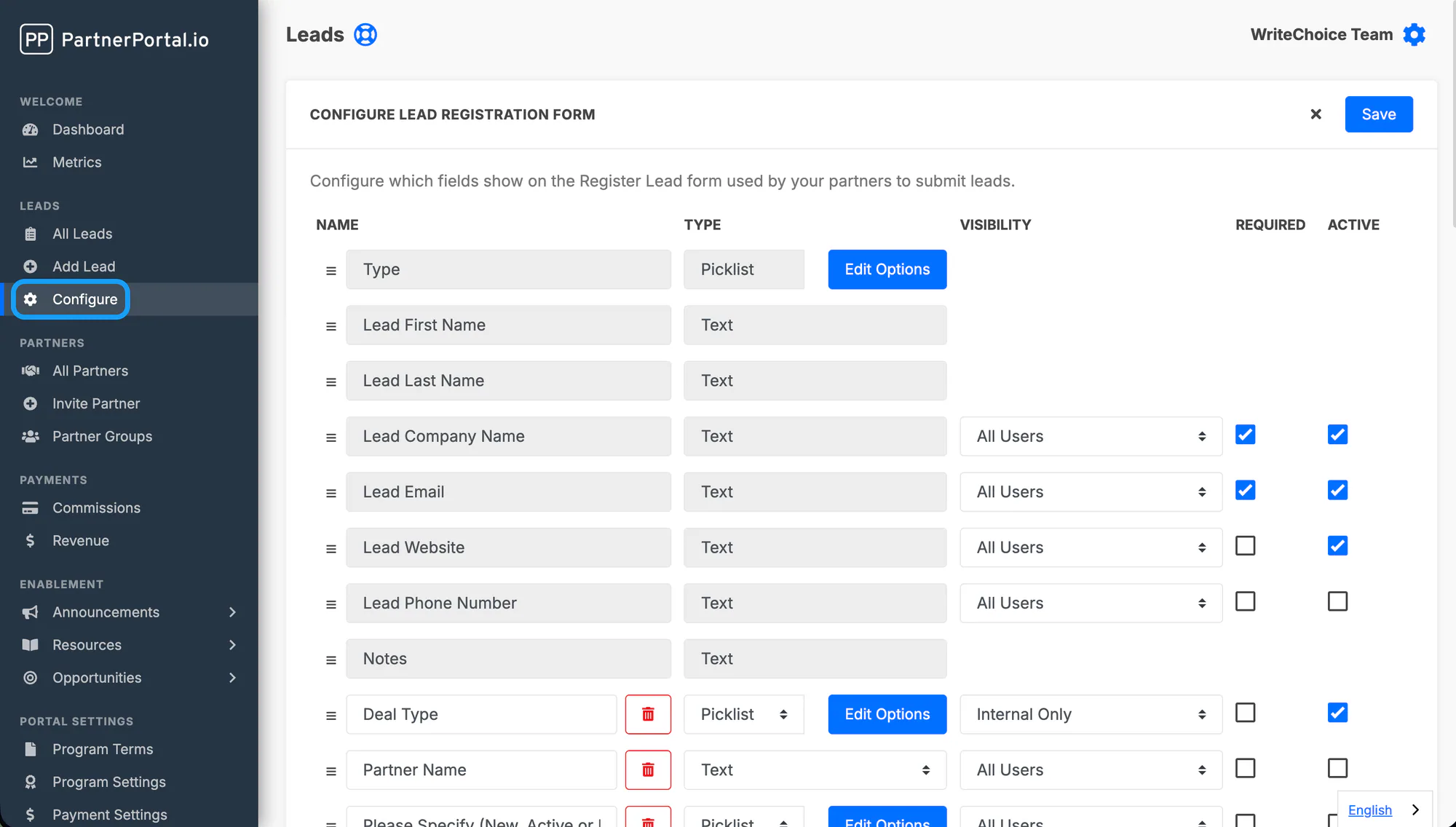 The Configure tab under Leads