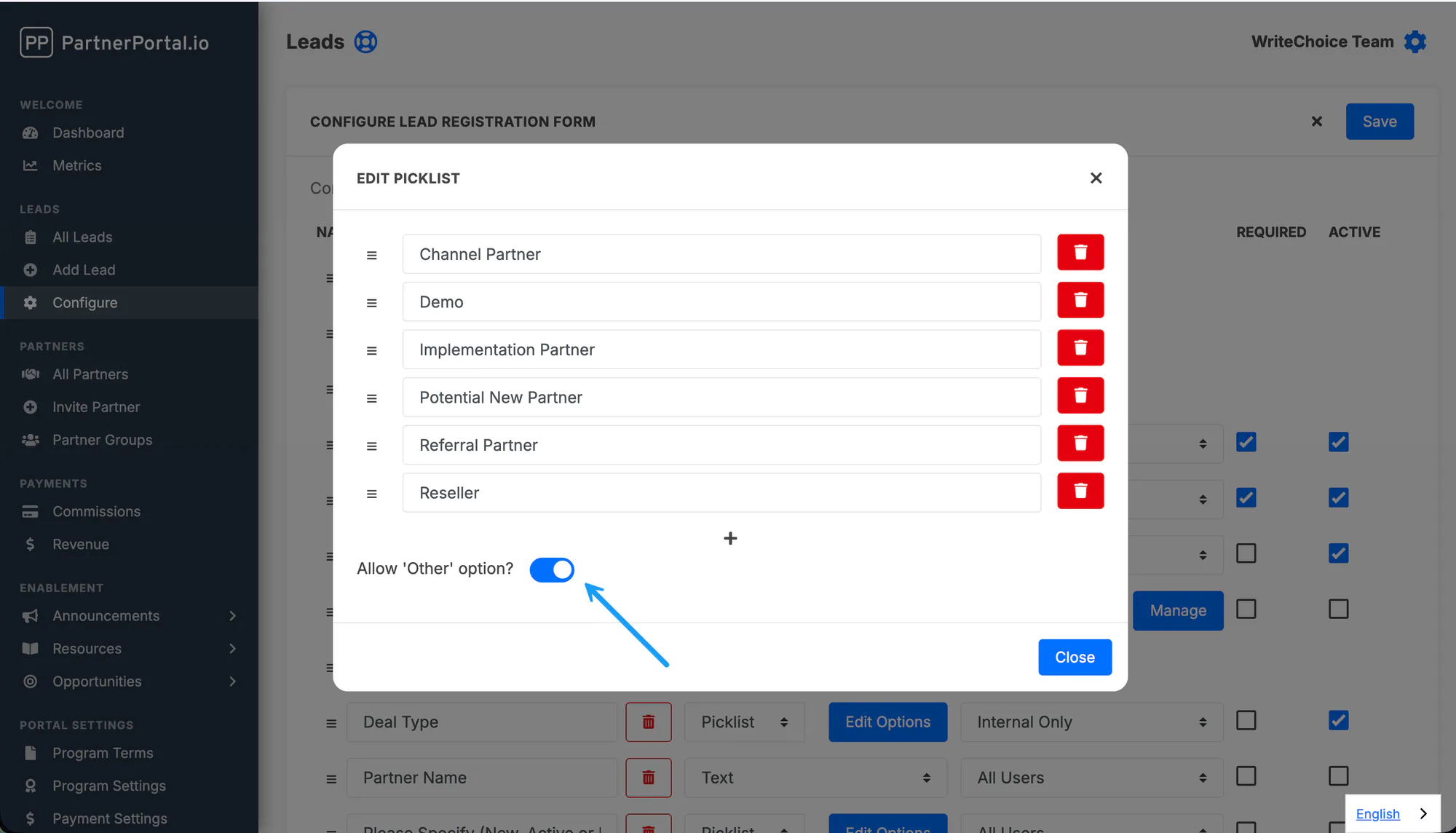 Enabling the Other option on the lead Type dropdown