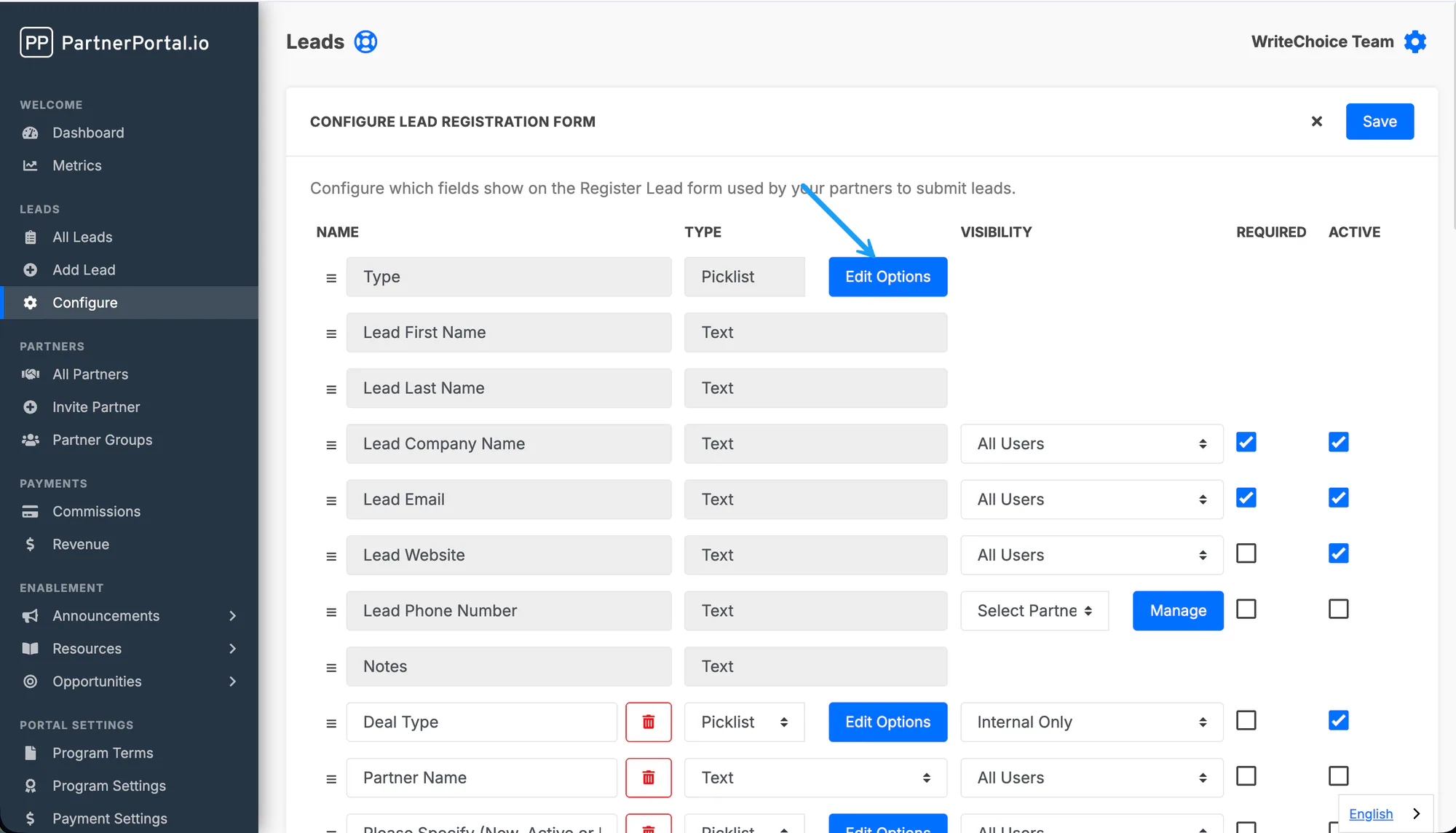 Editing the lead Type dropdown options