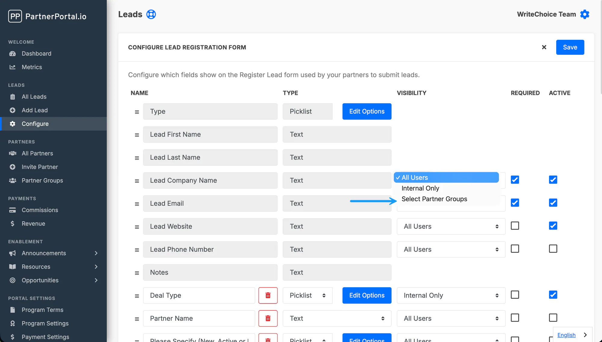 Selecting partner groups on a lead field