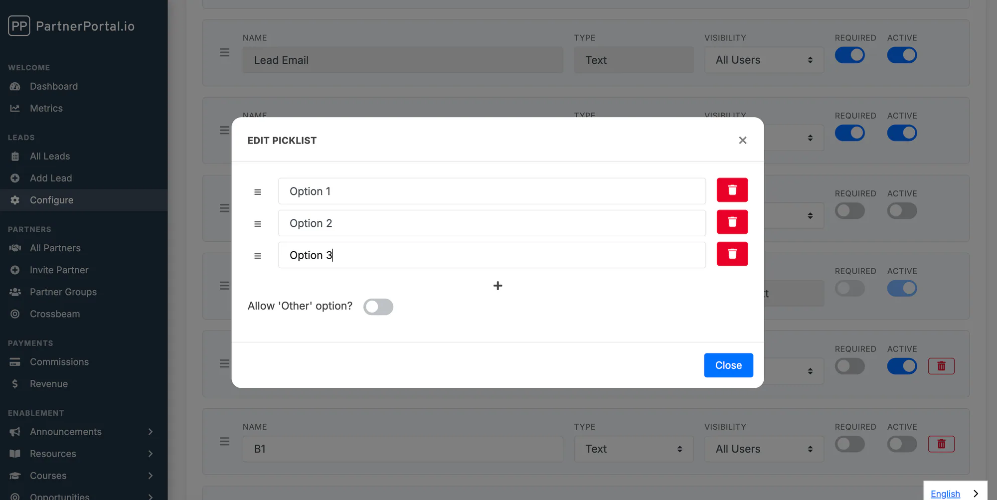 The Edit Picklist modal showing options and the Allow Other option toggle